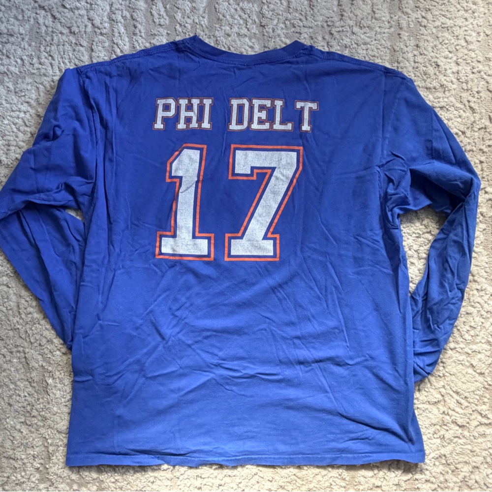 Blue Long-Sleeve Graphic Men’s Shirt with Orange Accents Phi Delt 17 - Picture 4 of 5